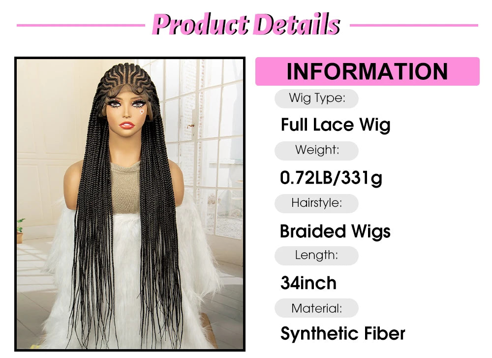 Full Lace Cornrow Braided Wigs Synthetic Knotless Box Braids Wig for Black Women 34 Inches Handmade Lace Frontal Braiding Wig