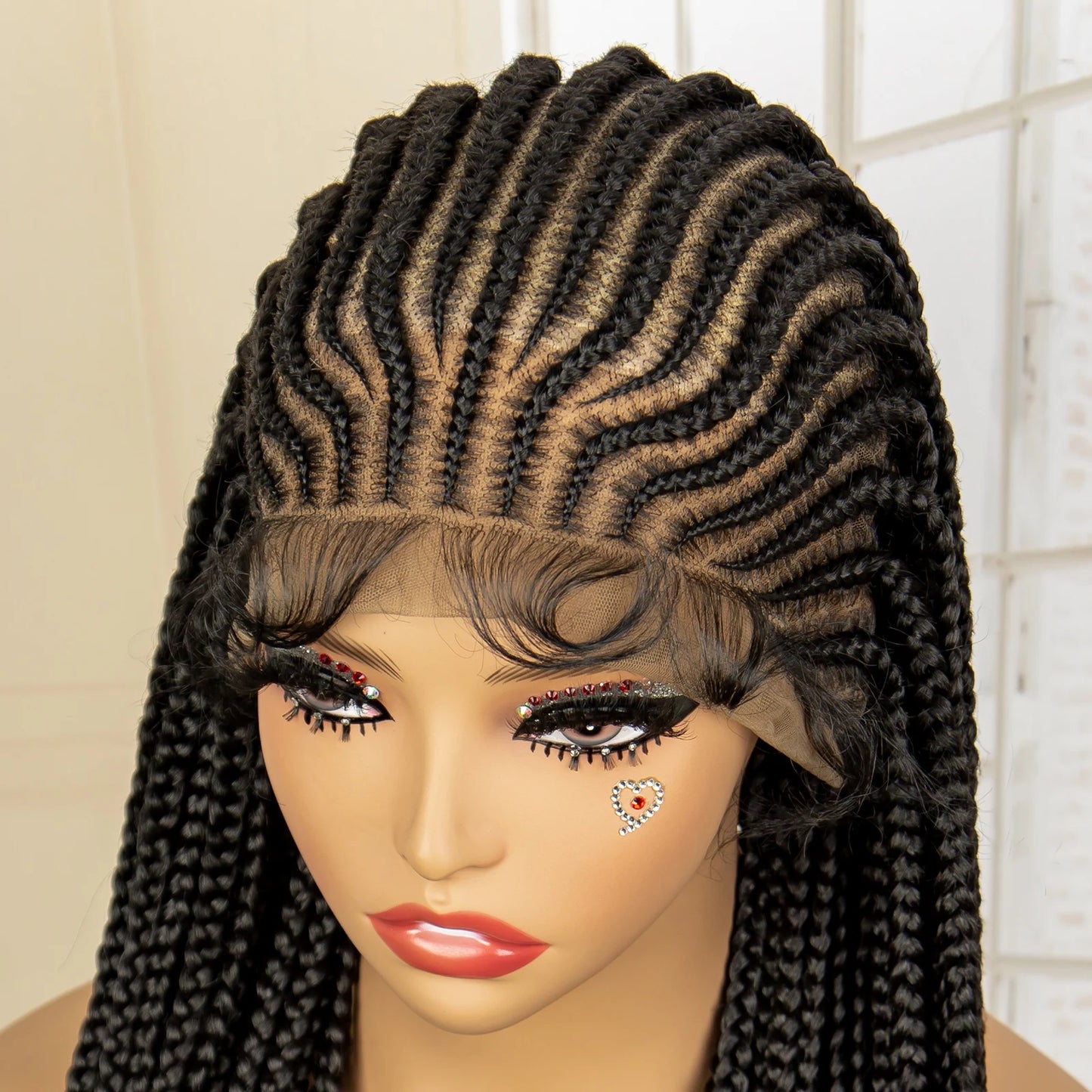 Full Lace Cornrow Braided Wigs Synthetic Knotless Box Braids Wig for Black Women 34 Inches Handmade Lace Frontal Braiding Wig