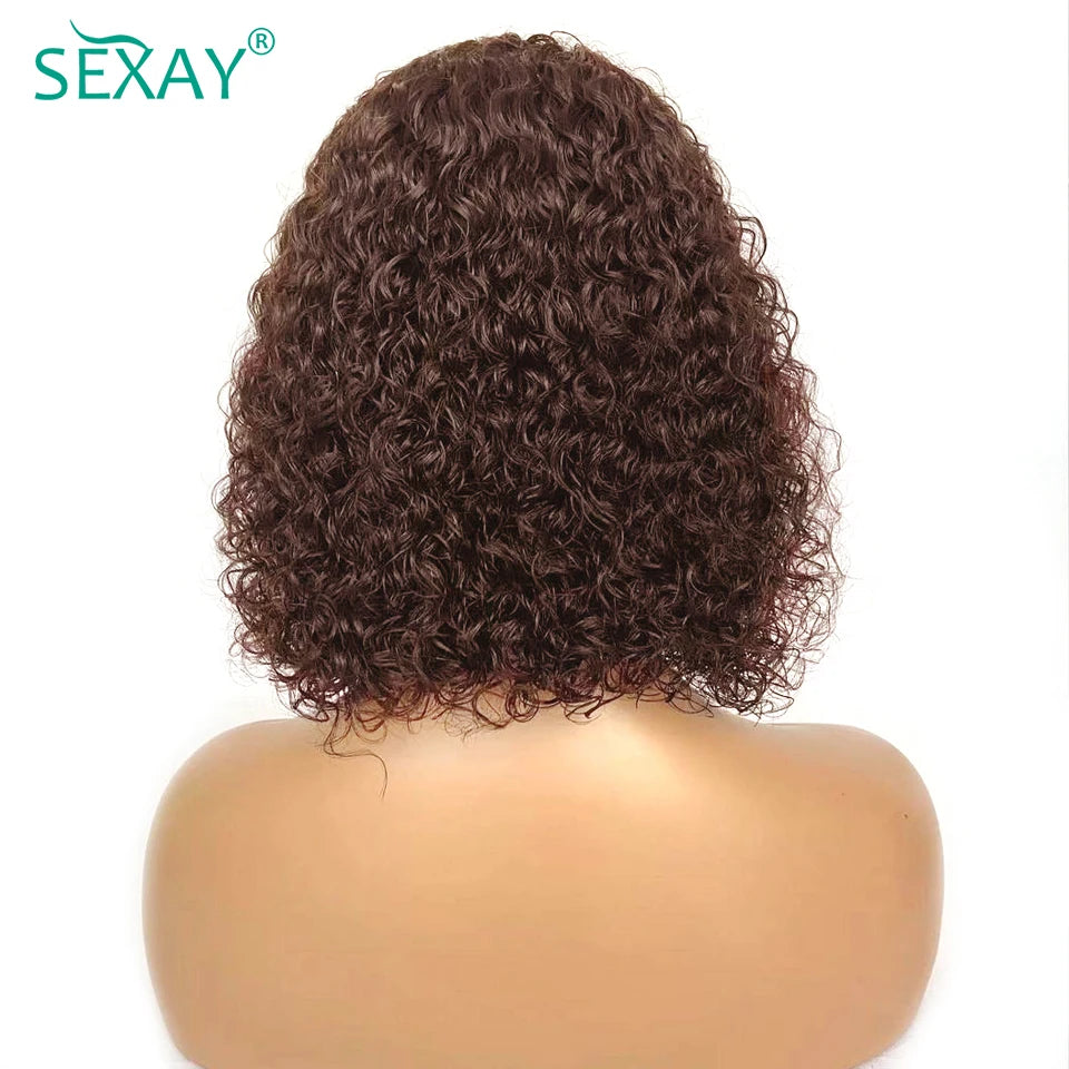 Water Wave Short Bob Wig #4 Brown Color Sexay 100% Ocean Curly Human Hair Wigs 180 Density 13x4 HD Transparent Lace Frontal Wig