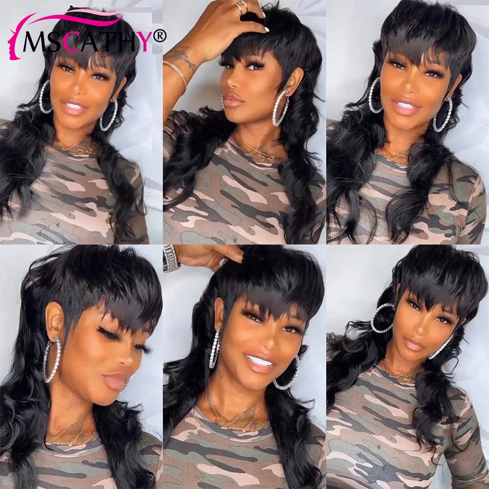 Full Machine Made Dovetail Human Hair Wigs Body Wave Short Pixie Cut Wig With Bangs Glueless Brazilian Remy Hair Wigs For Women