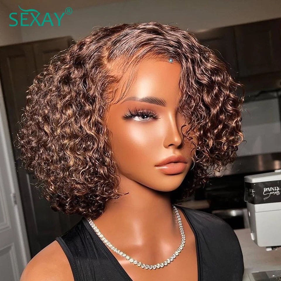 Water Wave Short Bob Wig #4 Brown Color Sexay 100% Ocean Curly Human Hair Wigs 180 Density 13x4 HD Transparent Lace Frontal Wig