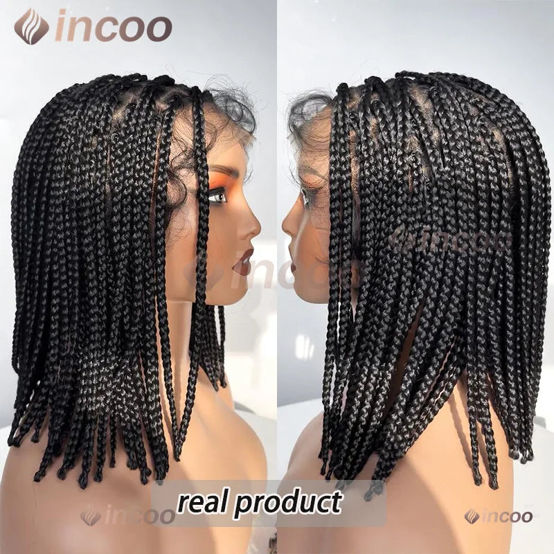 Synthetic Short Bob Box Braided Wig For Black Women Goddess Locs Twist Braided Wigs 360 Full Lace Wig Curly Box Knotless Wigs