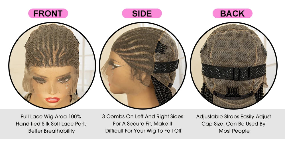 Full Lace Cornrow Braided Wigs Synthetic Knotless Box Braids Wig for Black Women 34 Inches Handmade Lace Frontal Braiding Wig