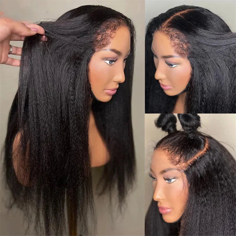 Natural Black Long Glueless Yaki 30Inch Kinky Straight Lace Front Wig For Women With Baby Hair Synthetic Preplucked Daily Wig