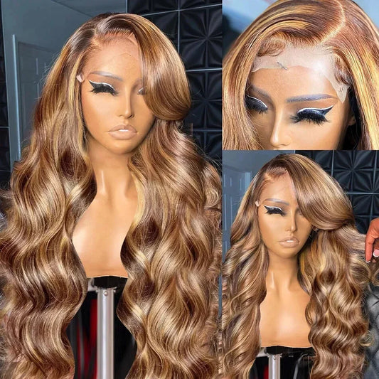 30 Inch Highlight Body Wave 13x6 HD Transparent Lace Frontal Wigs 250 Density Ombre Brown Colored 13x4 Lace Front Human Hair Wig