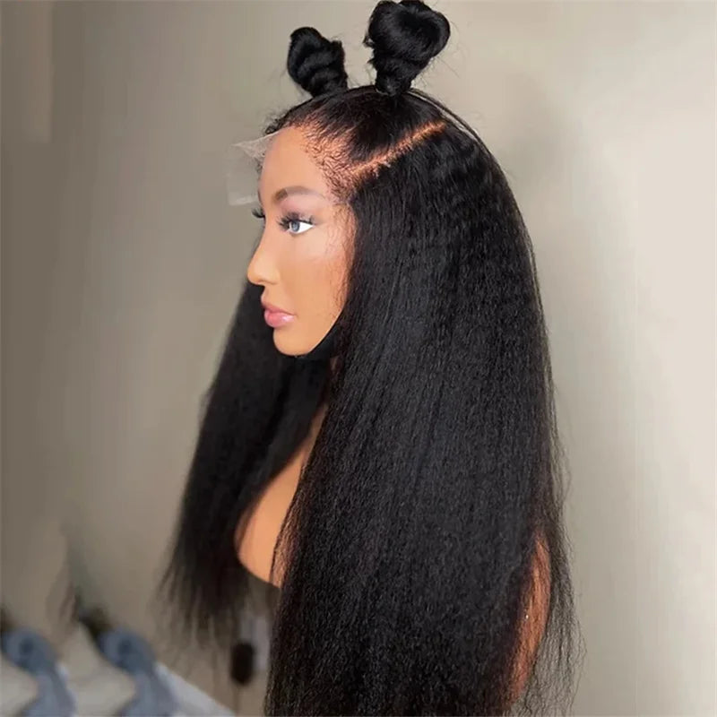 Natural Black Long Glueless Yaki 30Inch Kinky Straight Lace Front Wig For Women With Baby Hair Synthetic Preplucked Daily Wig