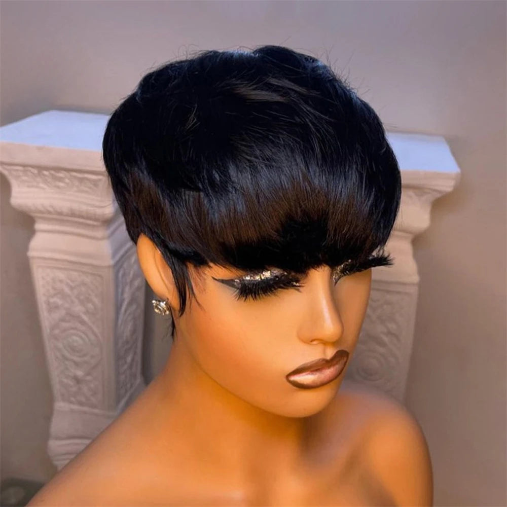 Short Straight Bob Wig Pixie Cut Wig Human Hair For Black Women With Bangs Brazilian Virgin Hair Non Lace front Cheap Wig Black