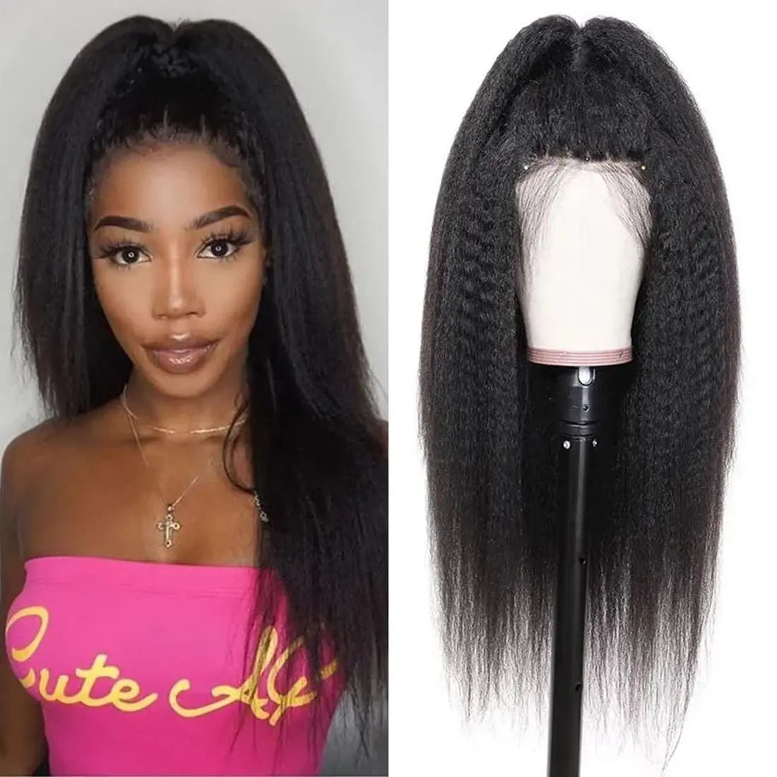 Yaki Black 30Inch Long Kinky Straight Lace Front Wig For Women With Baby Hair Synthetic Preplucked Glueless Daily Wear Wig