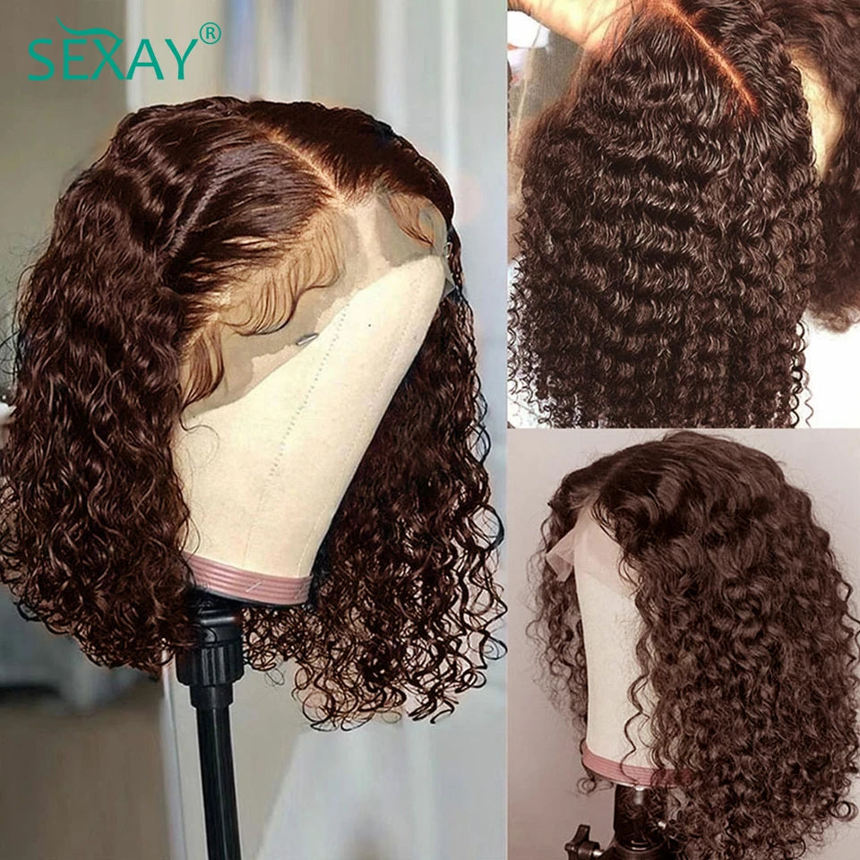 Water Wave Short Bob Wig #4 Brown Color Sexay 100% Ocean Curly Human Hair Wigs 180 Density 13x4 HD Transparent Lace Frontal Wig