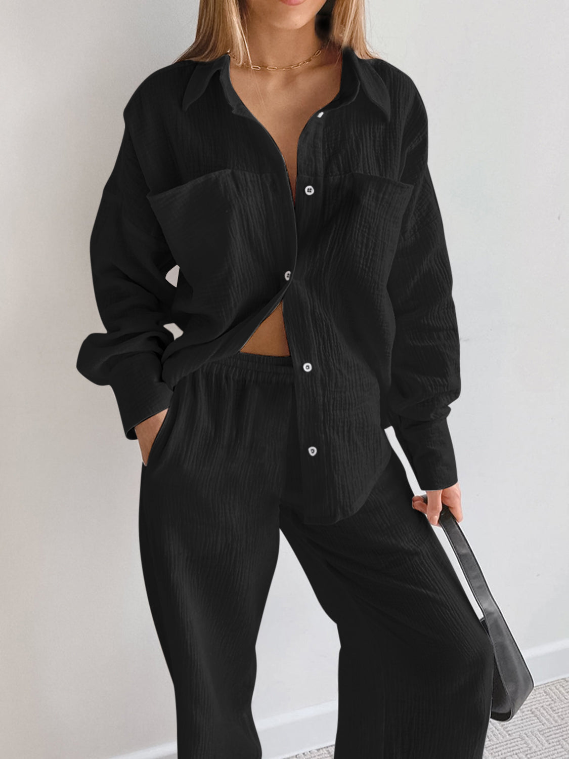 Texture Button Up Long Sleeve Shirt and Pants Set