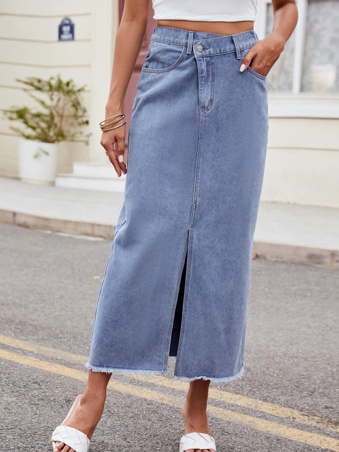 Slit Asymmetrical Waist Denim Skirt