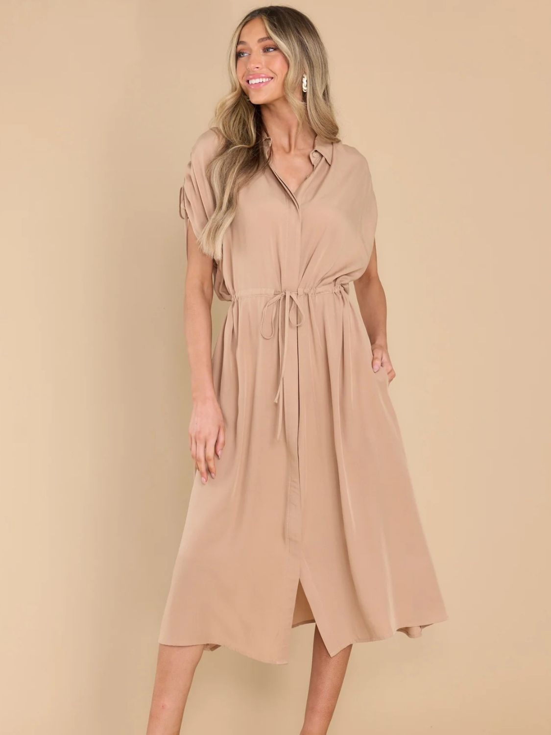 Drawstring Collared Neck Short Sleeve Midi Dress