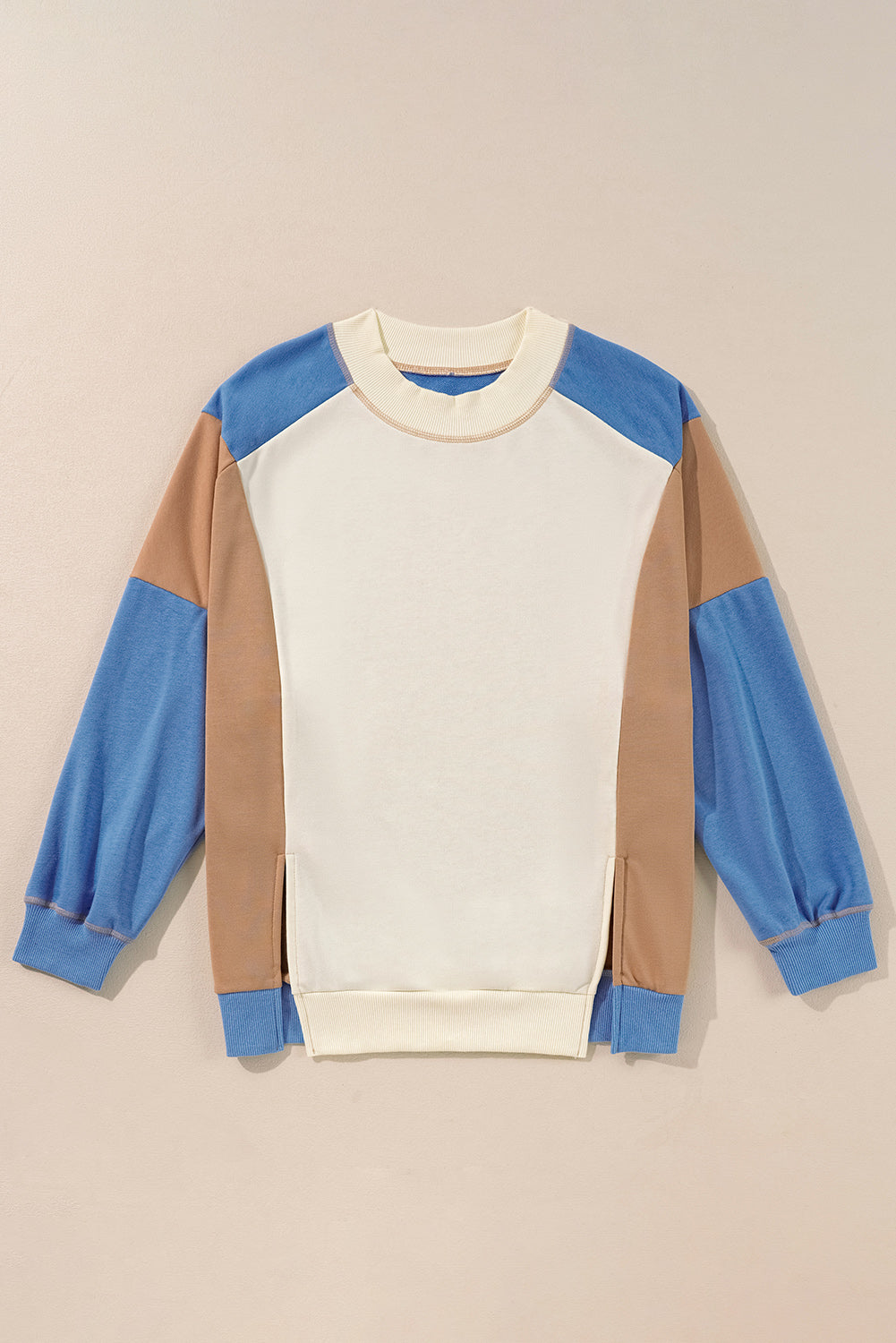 Slit Color Block Round Neck Long Sleeve Sweatshirt