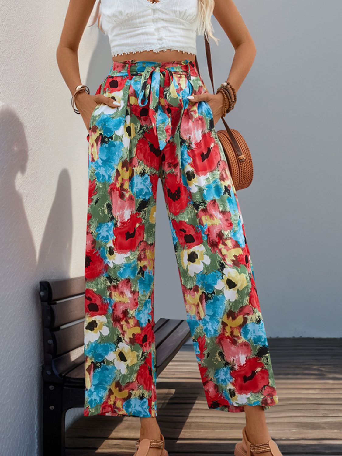 Perfee Tied Printed Wide Leg Pants