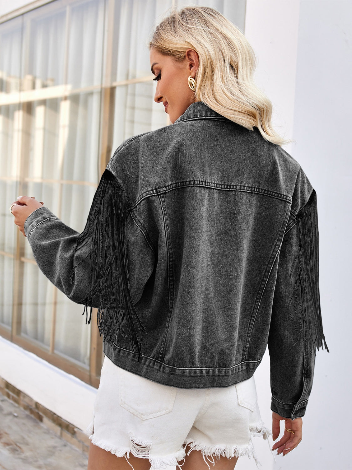 Tassel Button Up Dropped Shoulder Denim Jacket