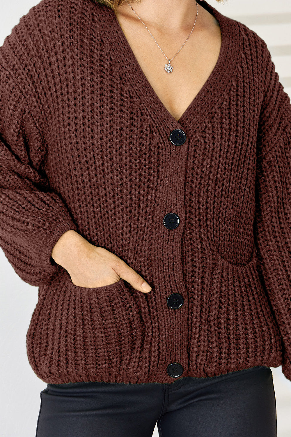 Pocketed Button Up Dropped Shoulder Cardigan